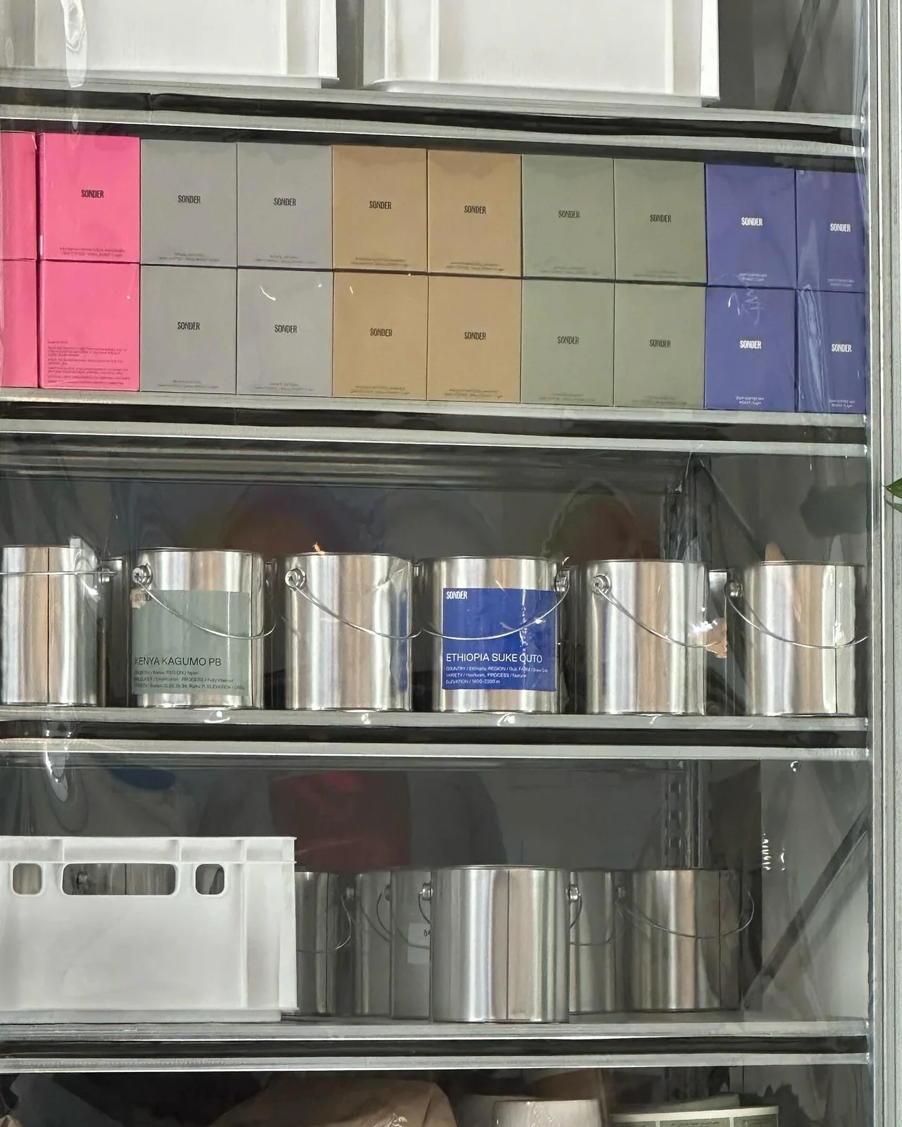 Coffee production equipment and colourful storage drawers