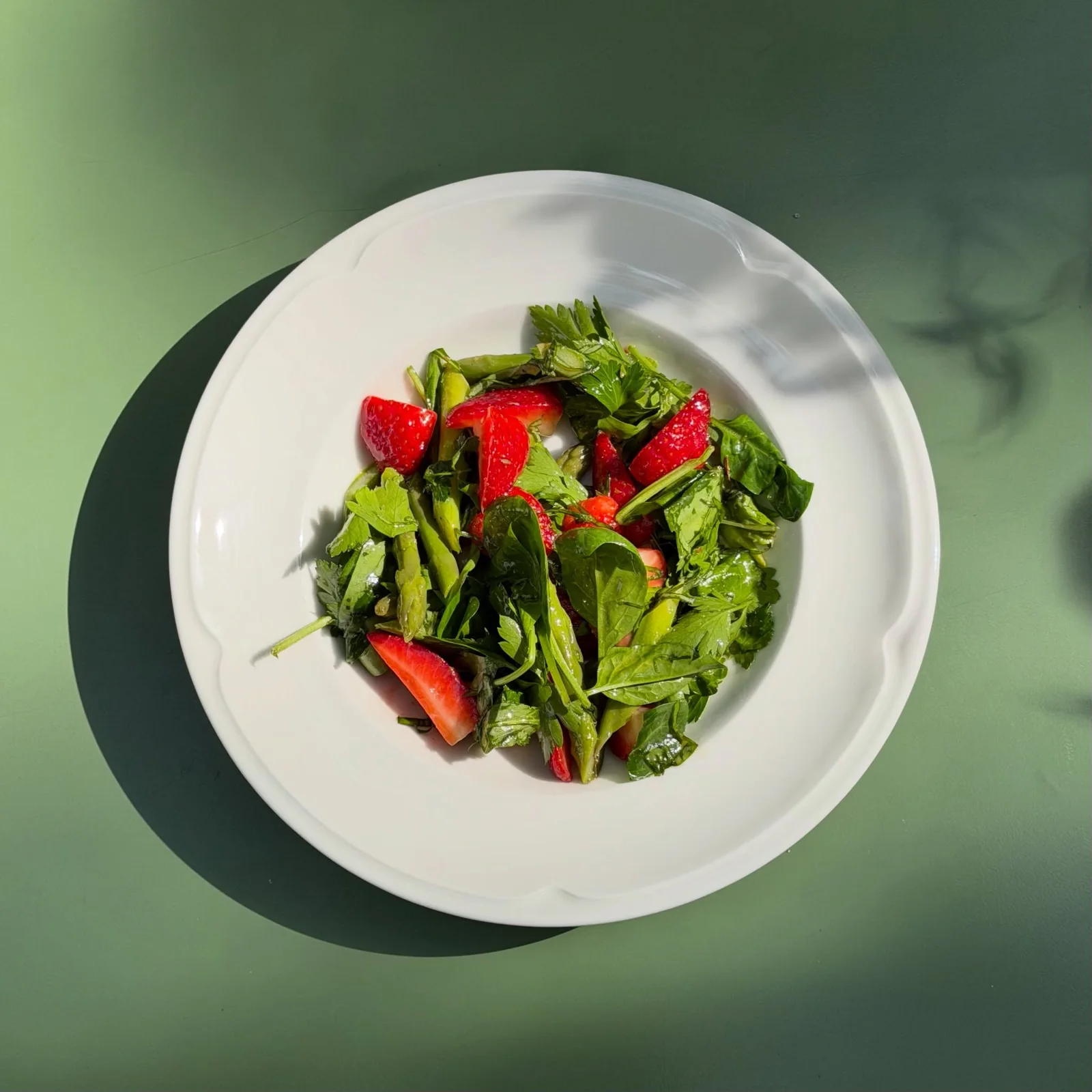 Seasonal salad on a white plate in sunlight